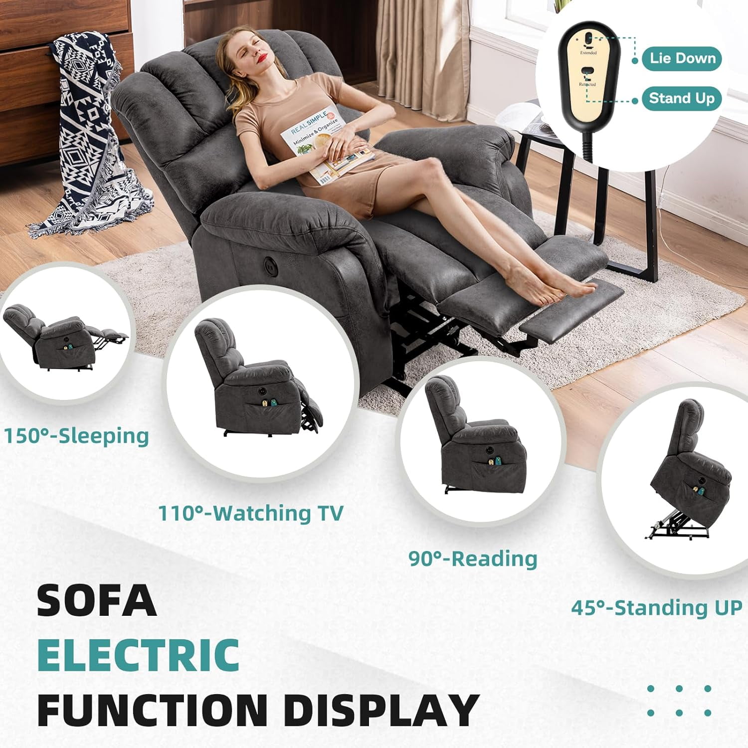 MEETWARM Large Power Lift Electric Recliner Chair with Extended Footrest for Elderly, Big and Tall Lift Chair for Seniors Reclining Chair for Living Room with Massage and Heated,USB Ports(Gray)