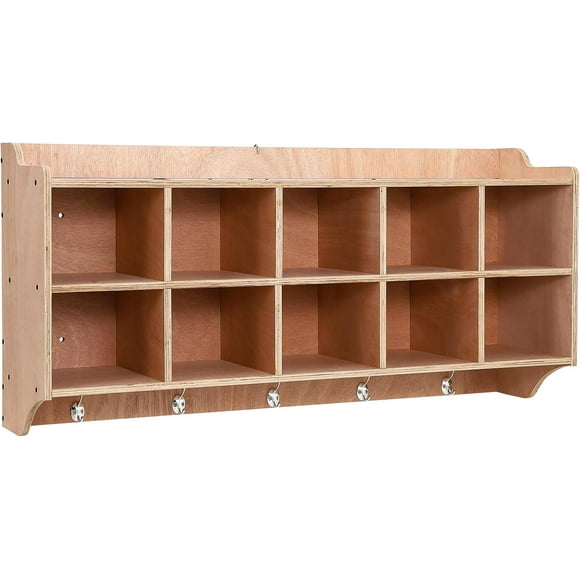 Cubby Storage Organizer Cubes, Daycare Shelves with 10 Cubbies Shoe Layer with Hooks and Shelf, Hanging Wall Mount, Furniture for Kids Toys, Classroom, 47Inch Width