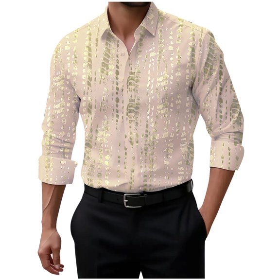 GuangCheng Men's Long Sleeve Button Down Shirts,Abstract Print,Vertical,Pattern Design Casual Dress Tops Fashion Piece,Khaki,Size XL