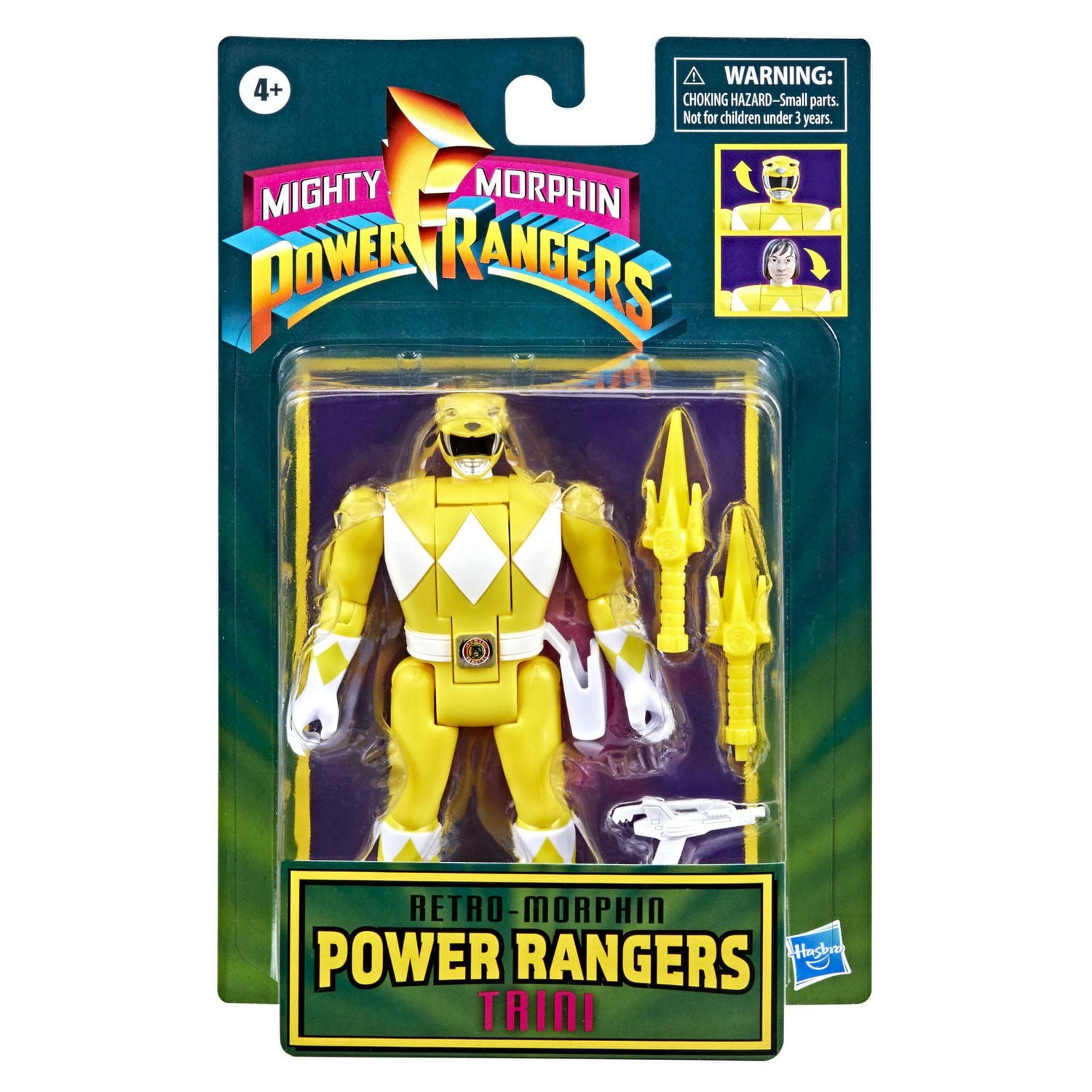 Power Rangers Retro-Morphin, figurine Ranger jaune, Trini, tête basculante, bande dessinée inspirée du jouet Mighty Morphin classique, dès 4 ans