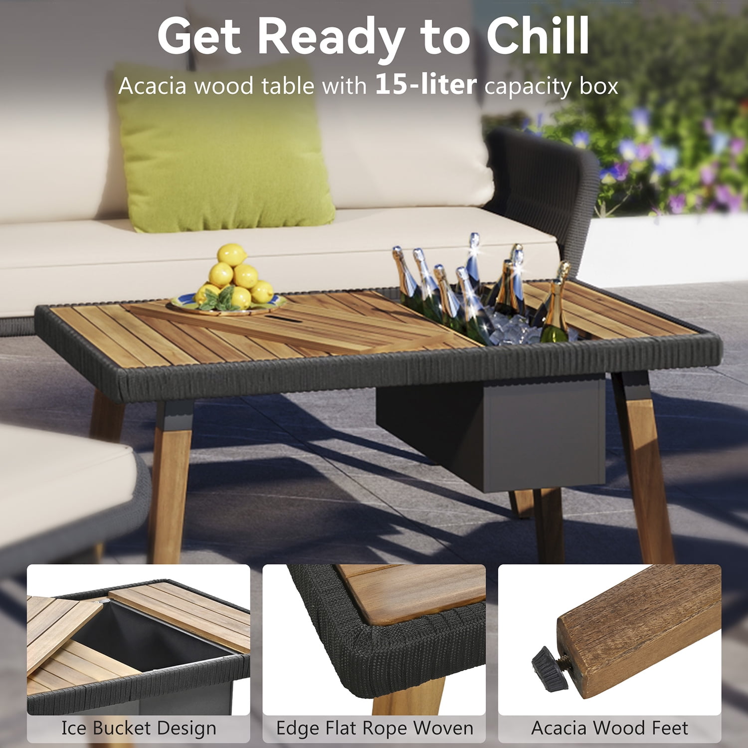 Aimee Lii Outdoor Patio Acacia Wood & Rope 6-Piece Furniture Set with Ice Bucket, Patio Conversation Set with Ottomans, Beige