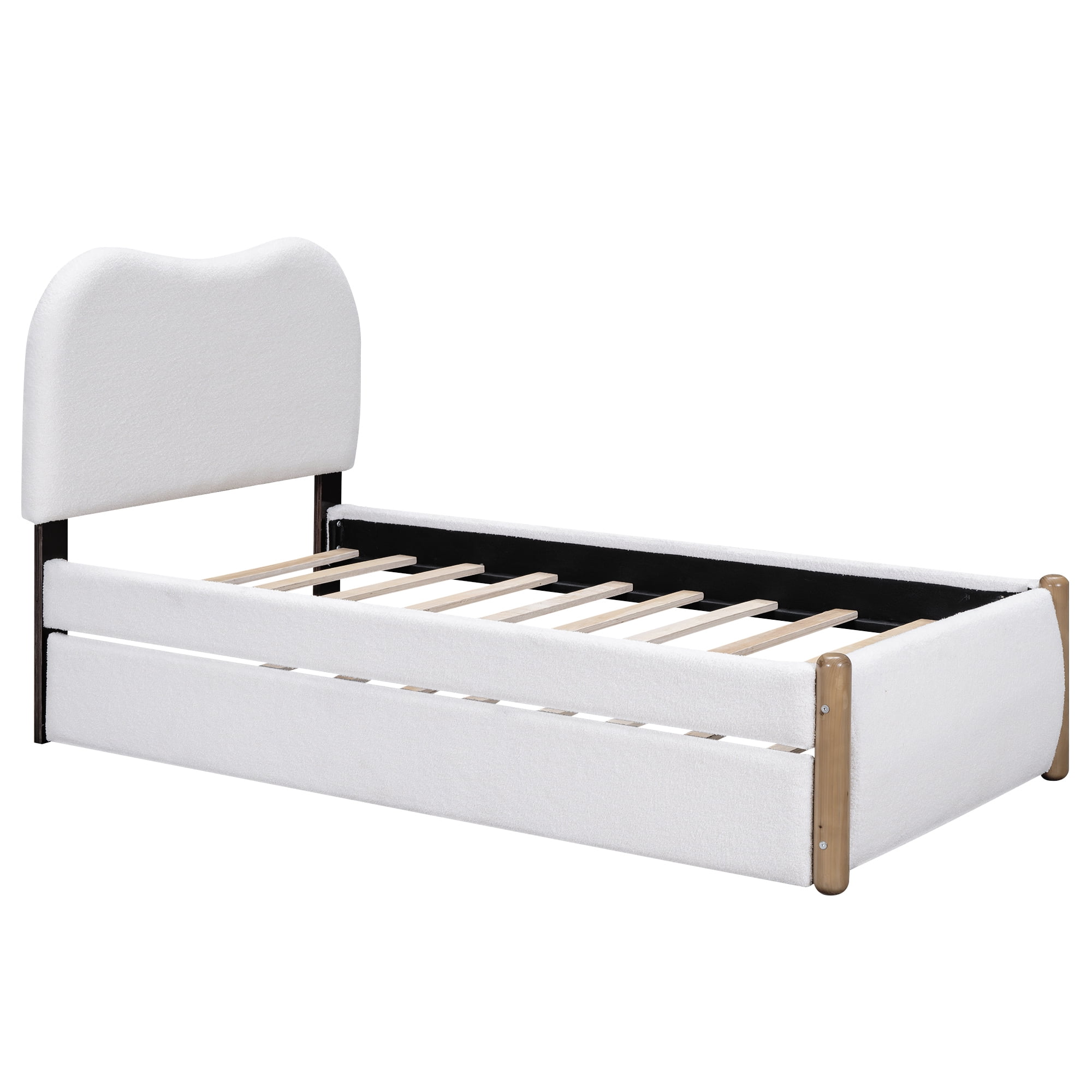 EUROCO Upholstery Twin Size Platform Bed with Trundle, Upholstered Headboard and Wood Support Legs for Kids Teens, White