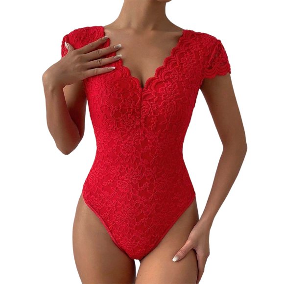 Combinaison Élégante pour Femme avec Col en V en Dentelle, Manches Courtes, Conçue pour le Quotidien et les Tenues Décontractées pour Toutes les Saisons