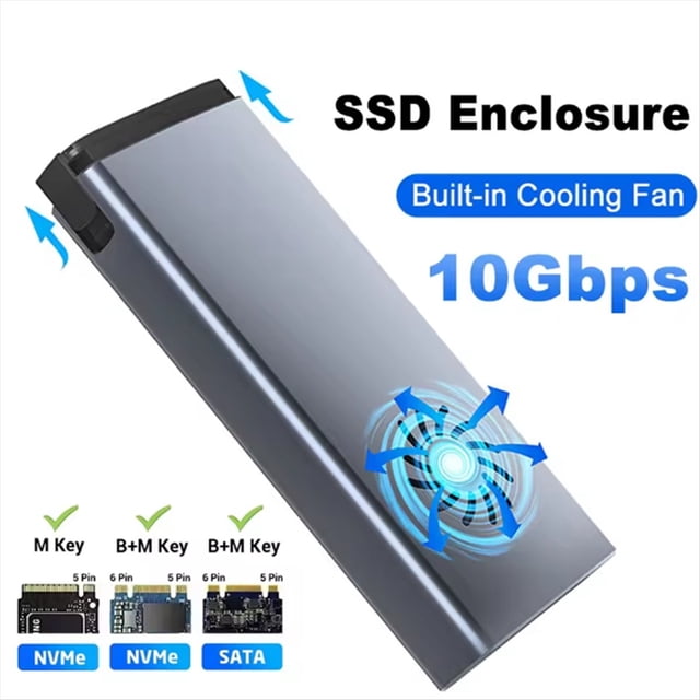 10Gbps M.2 NVME SSD Case with Built-in Cooling Fan M.2 SSD Enclosure Dual Protocol NVMe NGFF SSD Adapter