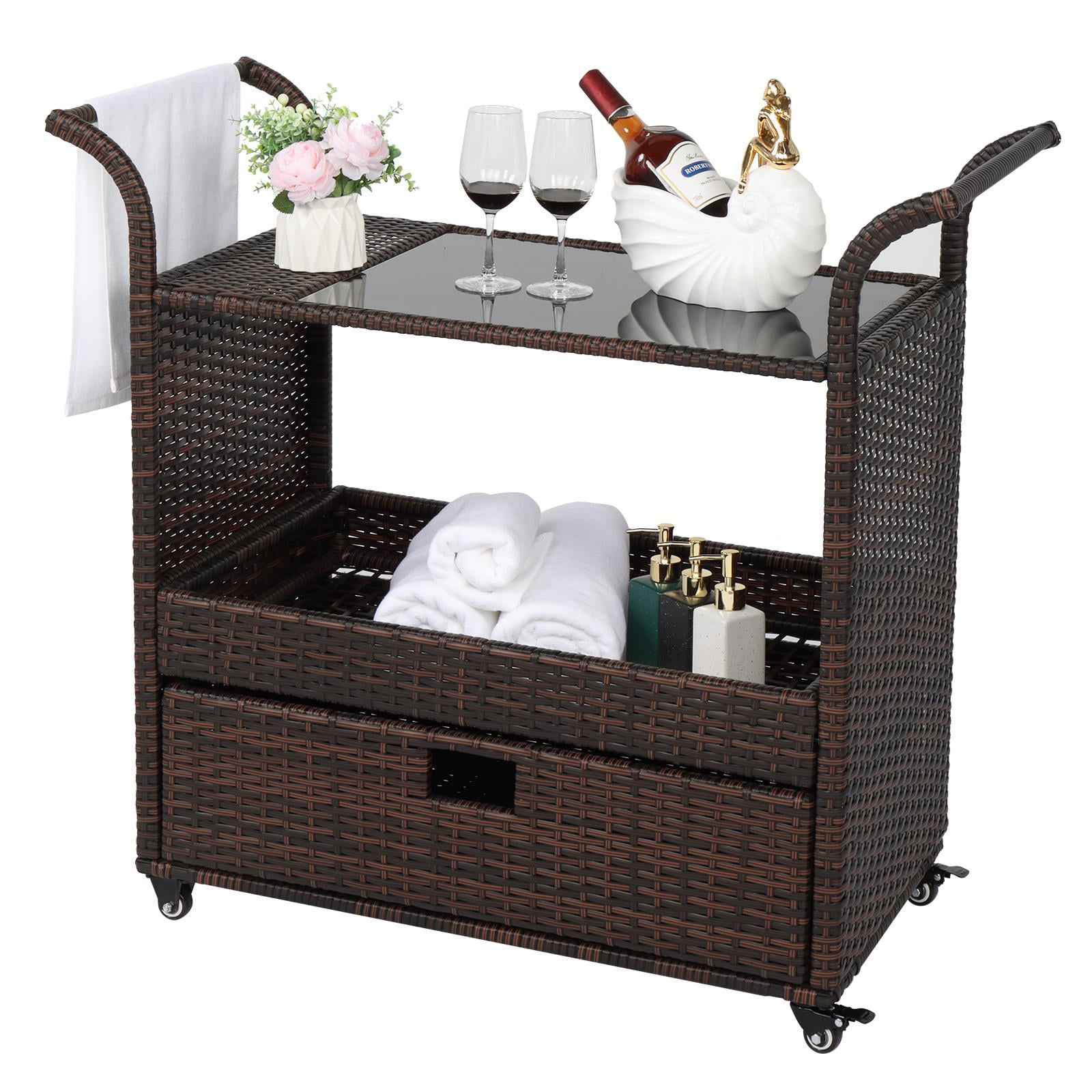 Winado Outdoor Wicker Rolling Bar Cart, Glass Holders, Storage
