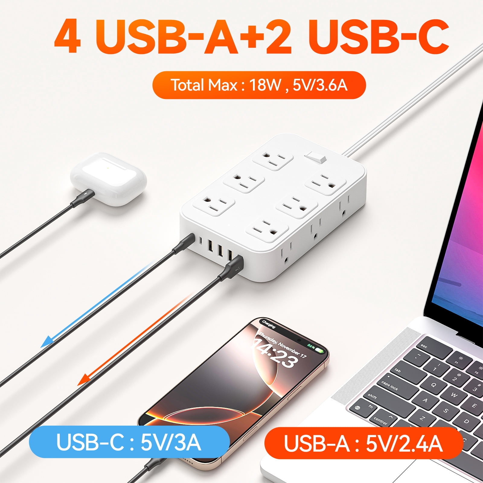 US 18 in 1 Charging Station Power Strip Flat Plug with 12 Outlets 6 USB Flat Plug Outlet Extender for Home Office Dorm