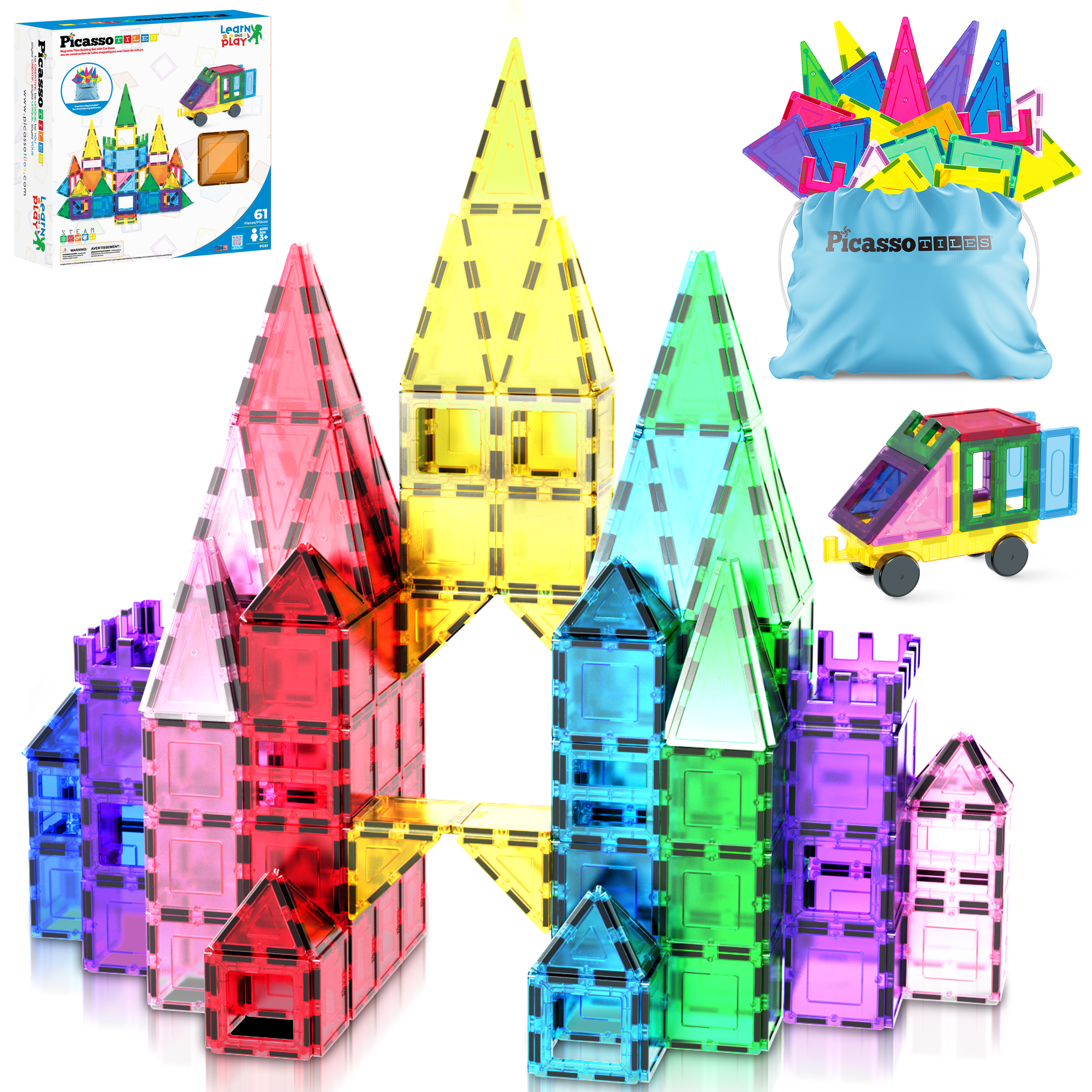 PicassoTiles 61-Piece Magnetic Tiles Building Set photo 2