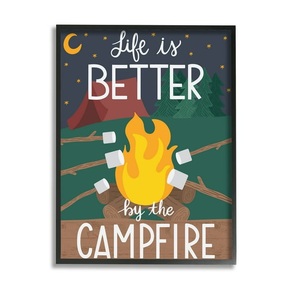 Stupell Industries Life's Better by Campfire Phrase Outdoor Summer Adventure Typography Painting Black Framed Art Print Wall Art, 11 x 14