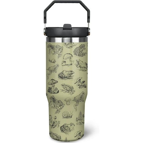 30oz Frog Insulated Stainless Steel Tumbler with Handle, Straw Lid & Cover - Double Wall Vacuum Mug for Hot & Cold Drinks - Great Gift for Women & Men