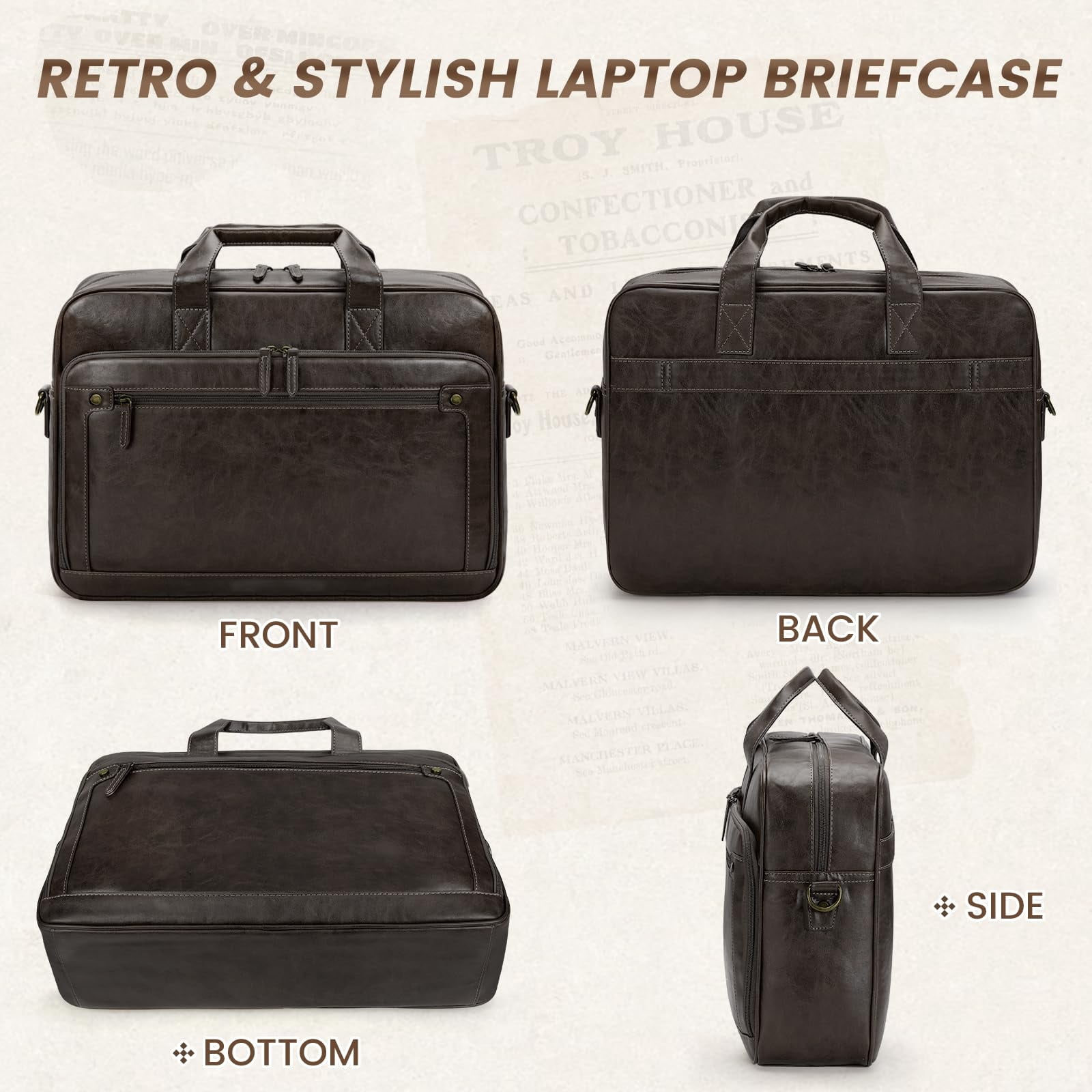 RAINSMORE Mens Laptop Bag 16 Inch Leather Briefcase Vintage Messenger Bag for Men Large Crossbody Shoulder Office Computer Bag Retro College Satchel Bag for Work, Business,Travel,Coffee