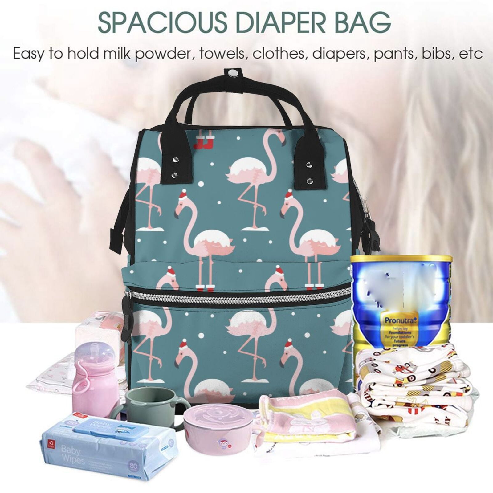 Ratiio Flamingo Mummy Backpack - Waterproof Twill Canvas, Large Capacity Diaper Bag with Multiple Pockets and Adjustable Straps