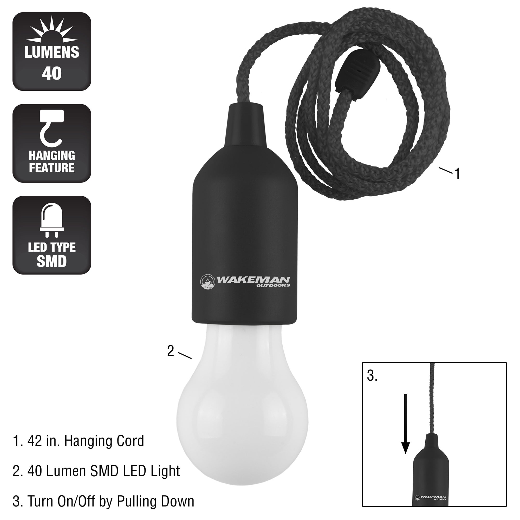 Pull Cord Light- Portable LED Outdoor/Indoor Hanging Bulb Lantern for Camping, Home Garage, Patio, and Tent Lighting by Wakeman Outdoors