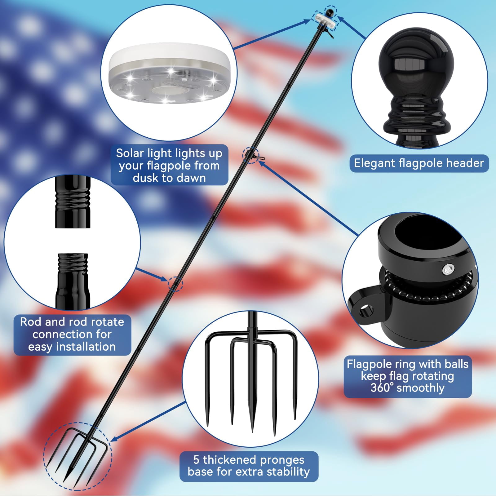 FIASON 10 FT Black Stainless Steel Flag Pole, Tangle-Free Heavy Duty In-Ground Kit with Solar Light & 5-Prong Base for Yard Garden Commercial Outdoor Use, No Flag Included