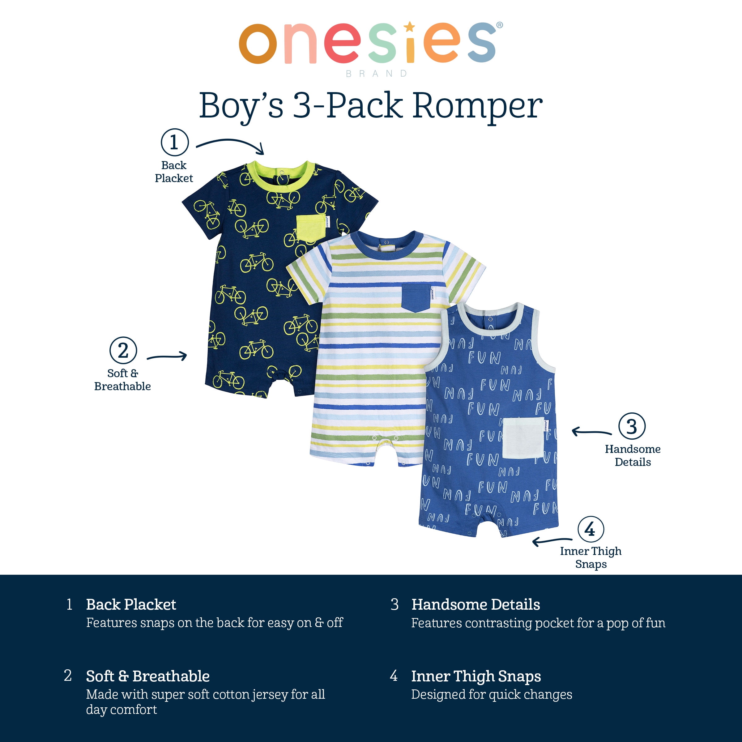 Onesies Brand Baby Boy Short Sleeve and Sleeveless Rompers, 3-Pack, Sizes 0/3 Months - 24 Months