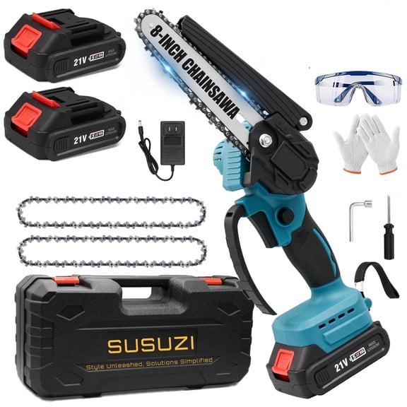 SUSUZI 8-Inch Mini Cordless Chainsaw, Brushless Battery Powered Handheld Chainsaw with 2×2600mAh Batteries, Electric Pruning Chain Saw for Tree Trimming, Branch Cutting & Yard Work