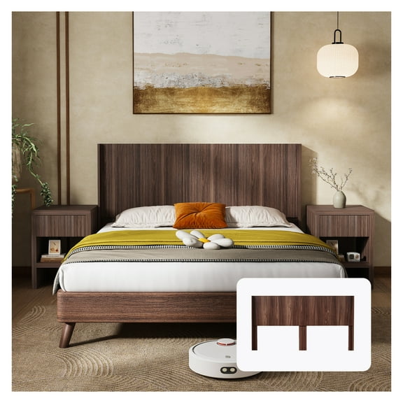 Modern Farmhouse Wood Headboard King Size 80.2 in Wide Wall Mounted Fluted Panel Wingback - Walnut