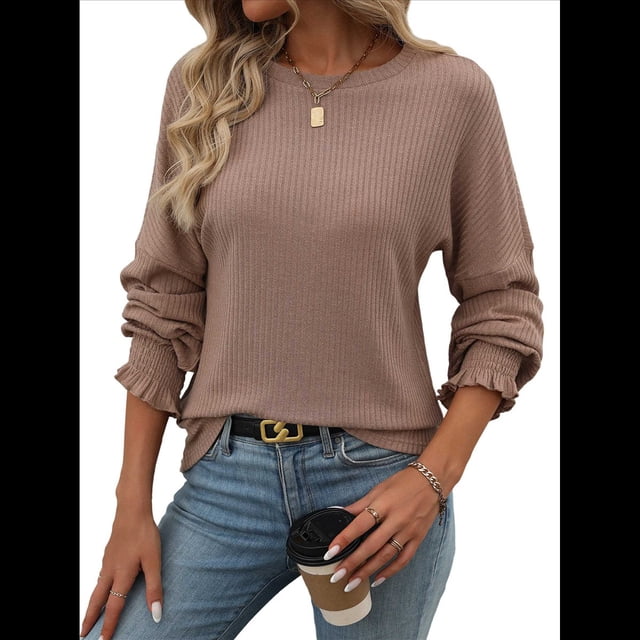 Camiseta Holgada Informal de Cuello Redondo y Larga Acanalada para Mujer, Ideal para y Otoño Caqui L