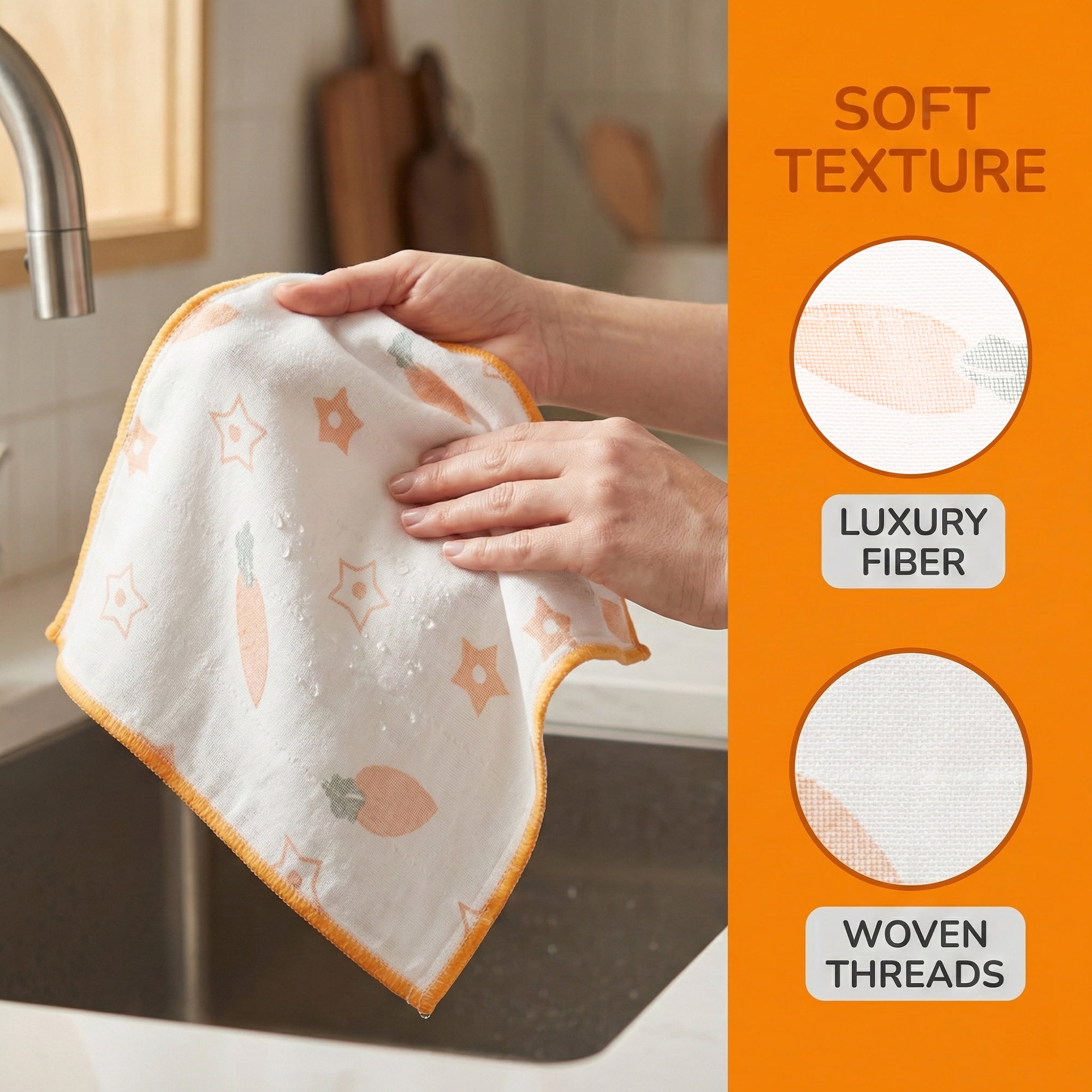Unique Bargains 6 Pack Reusable Cute Pattern Quick Dry Dish Cloths Orange/Blue 12"x12"