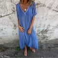 thumbnail image 1 of Meichang Robes d'Été en Lin pour Femmes à Col en V Plissées à Manches Courtes Robes Maxi Coupe Ample Fluides Swing Robes de Plage Unies Décontractées Longue Robe, 1 of 6