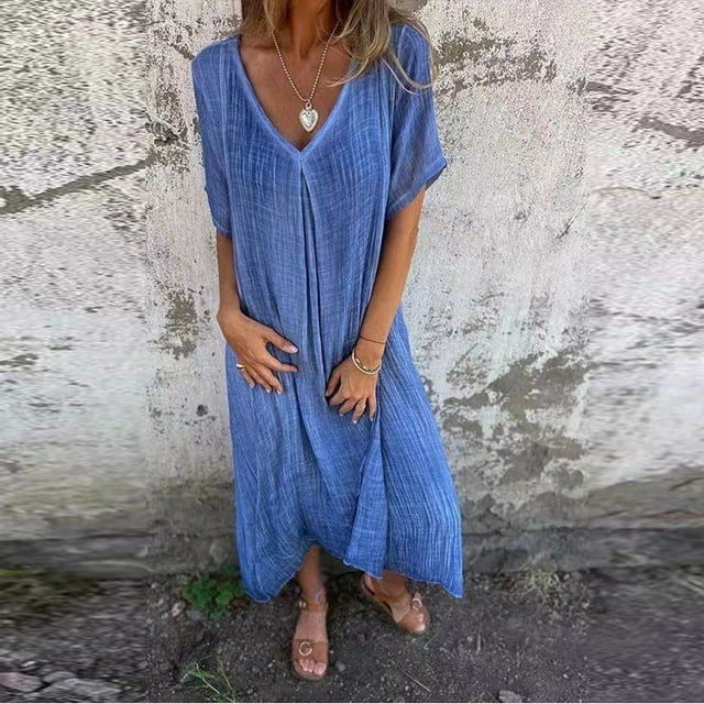Meichang Robes d'Été en Lin pour Femmes à Col en V Plissées à Manches Courtes Robes Maxi Coupe Ample Fluides Swing Robes de Plage Unies Décontractées Longue Robe