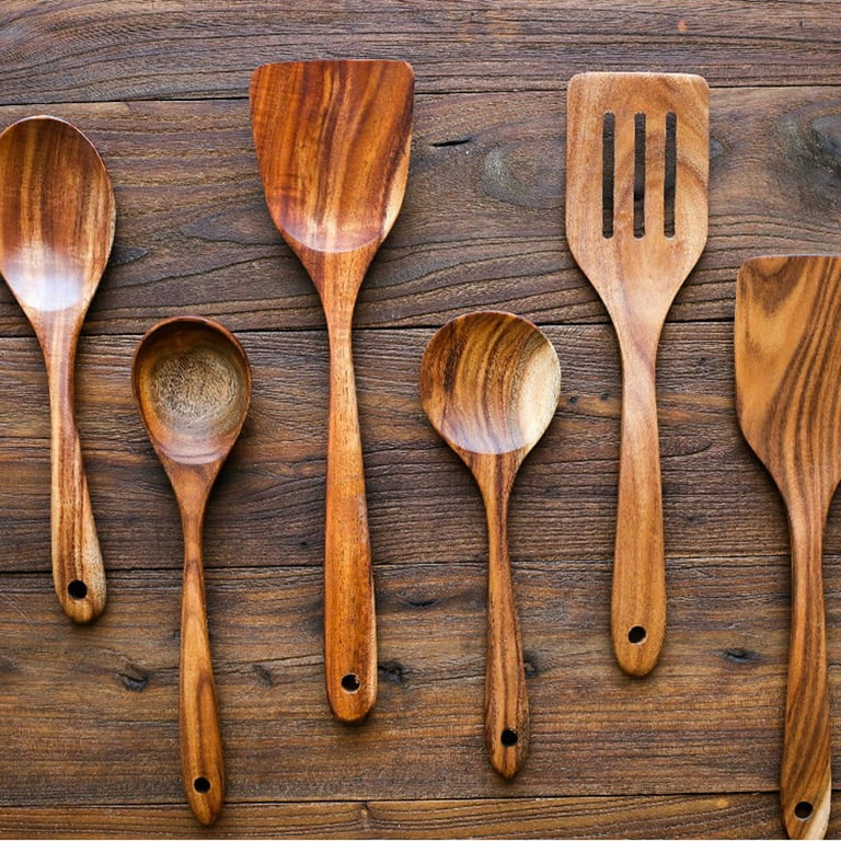 Wooden Kitchen Cooking Utensils, 7 Pcs Wooden Spoons and Spatula for  Cooking Cookware for Kitchen Decor 
