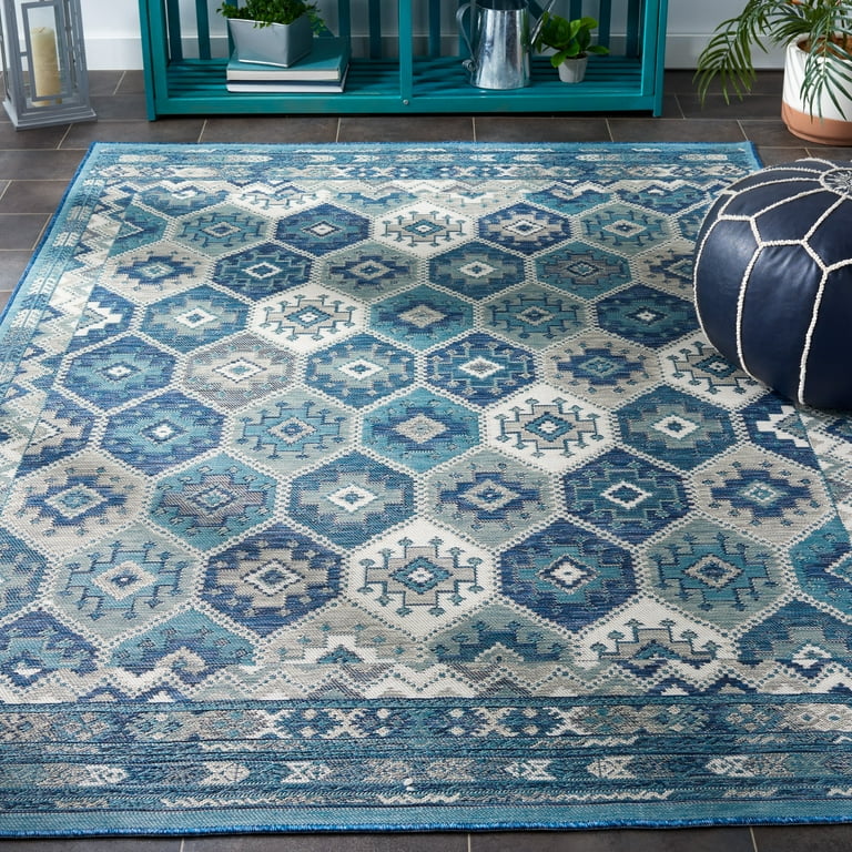5' X 7' Ivory Or Blue Geometric Mosaic Indoor Outdoor Area Rug 5' X 7' Ivory Or Blue Geometric Mosaic Indoor Outdoor Area Rug