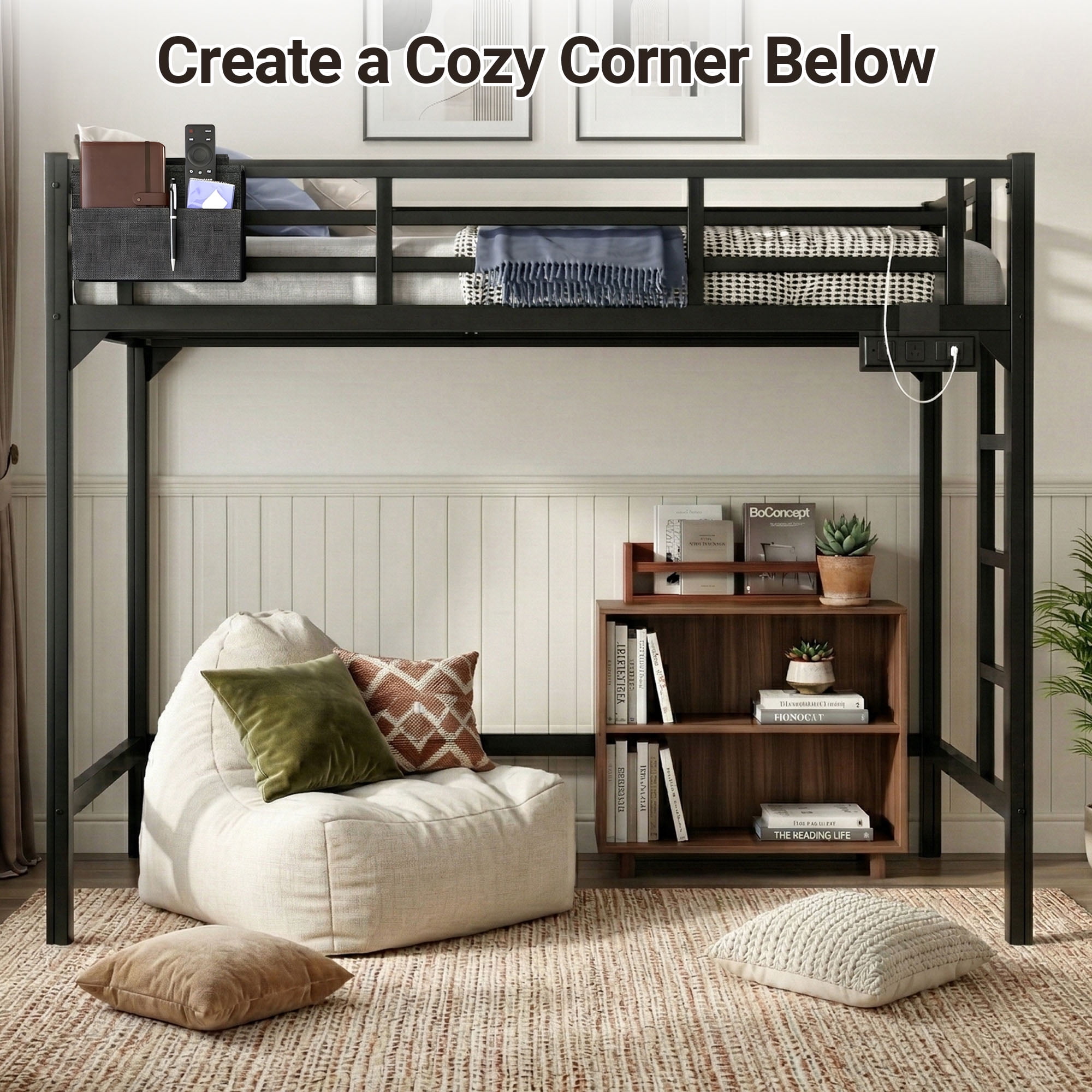 Miniyam Twin Metal Loft Bed with LED and Charging Station for Dorms and Apartments, Black