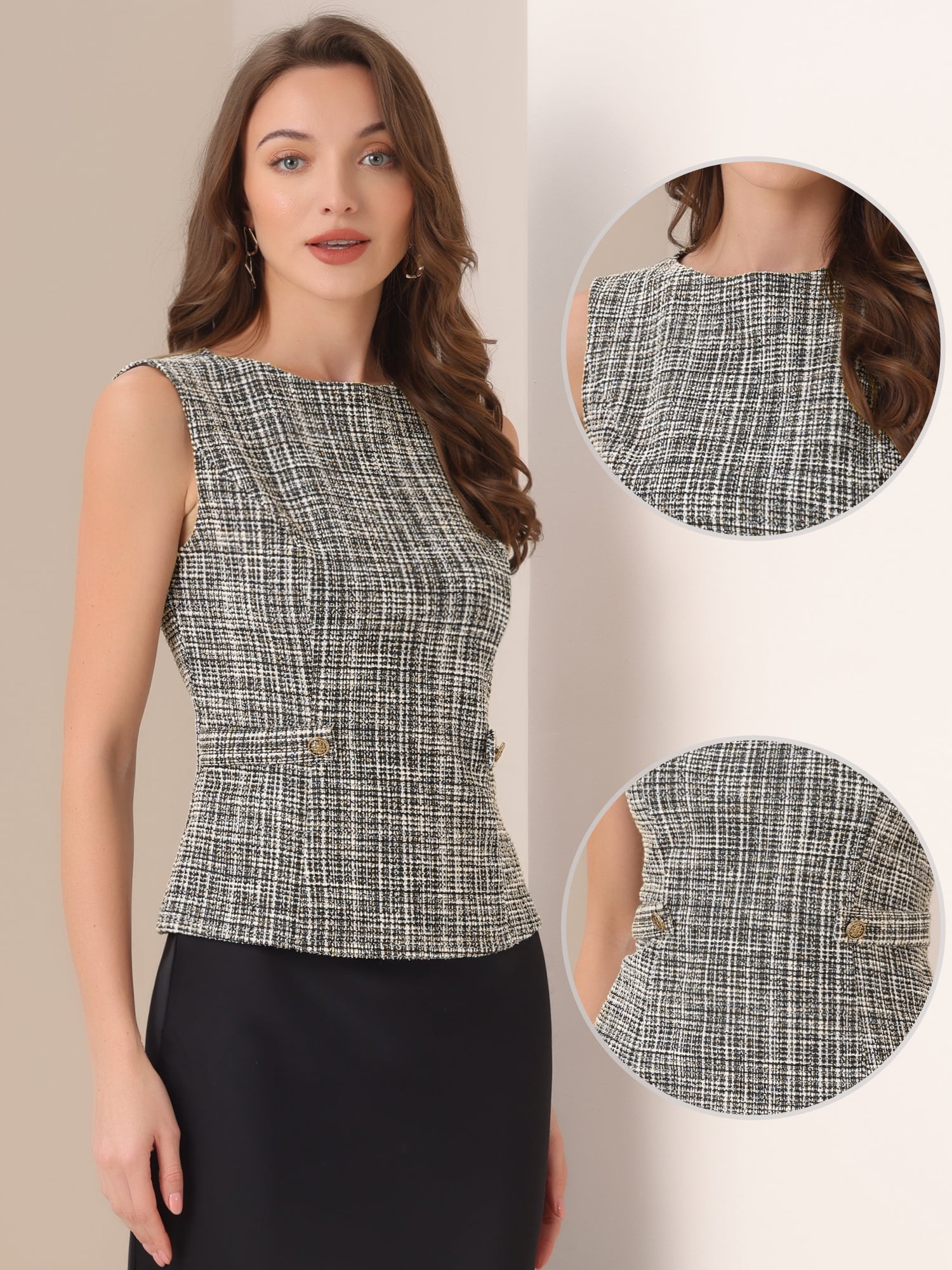 DARING DIVA Women's Tweed Elegant Crew Neck Business Vest Tops S Beige Black