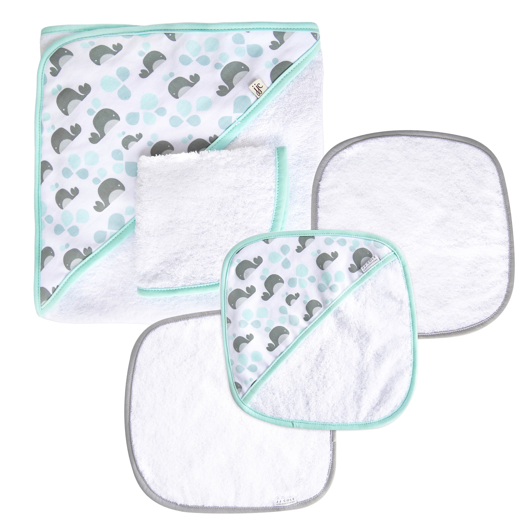 JJ Cole Hooded Towel and Washcloth 2Piece Baby Bath Set Aqua Whales