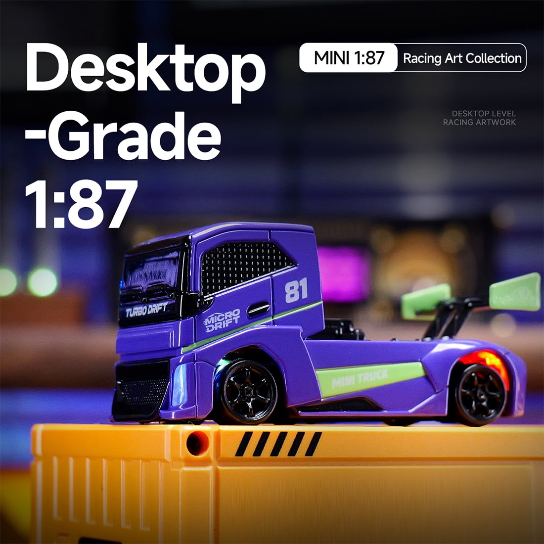 1/87 Scale 4WD Full Proportional RC Drift Car,  2.4G HighSpeed Mini Truck Model with Simulated Brake Calipers, Linked Lights (RTR/Purple)