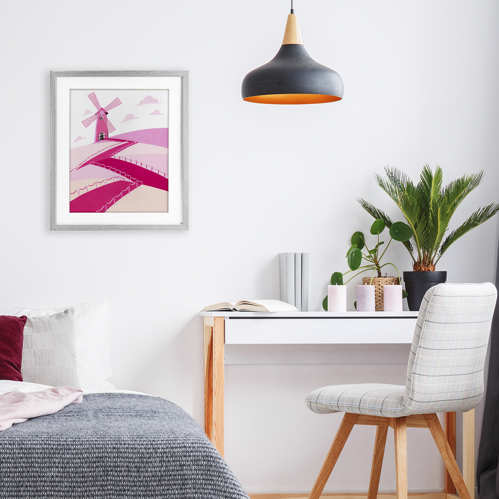 Pink Hills and Windmill Gray Framed Print Under Glass, design by Ziwei Li