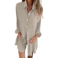 thumbnail image 1 of Conjunto de dos piezas de color liso para mujer: camisa con solapa/pantalones anchos, poliéster, corte holgado, cintura alta, apto para primavera/verano/otoño., 1 of 5