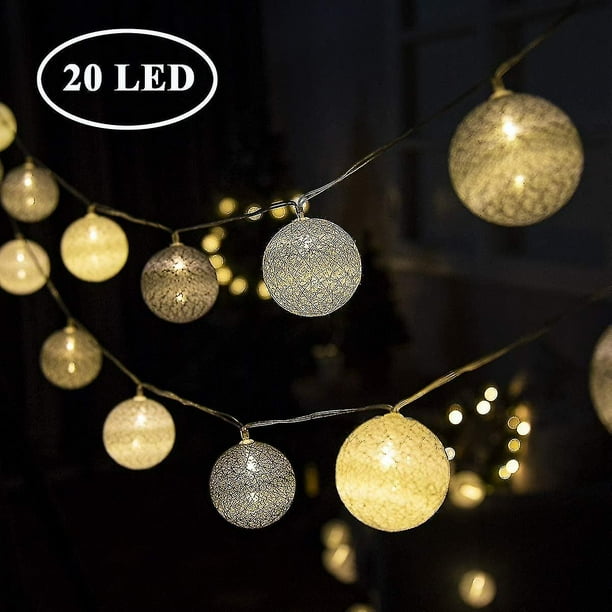 Guirnalda de luces redondas de 20 luces LED de color blanco cálido, decoración de luces de cadena de algodón de 6 Cm, Compatible con habitación de bebé, fiesta, Navidad, boda