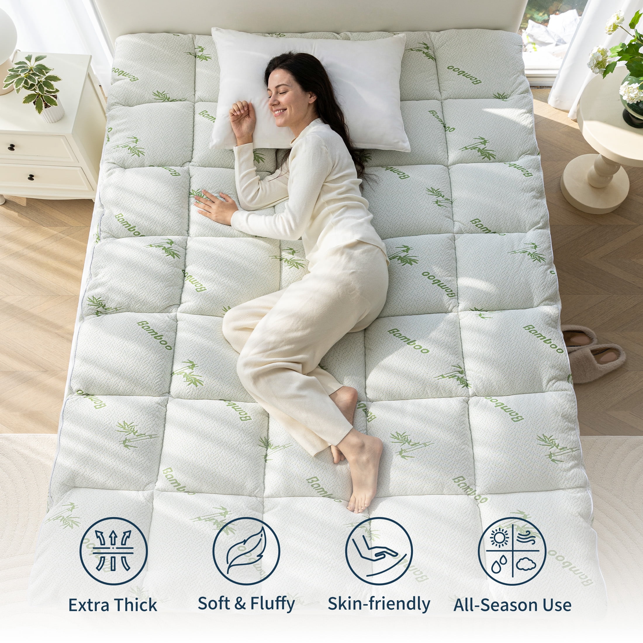 Sleep Zone Bamboo Mattress Topper Full Size with Deep Pockets, Soft Breathable Mattress Pad for Back Pain Relief, White