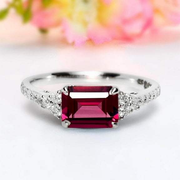 Garnet Ring Emerald cut gemstone engagement ring 925 sterling silver ring Gift for her
