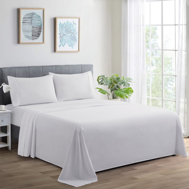 Marina Decoration 600 Thread Count Ultra Soft Deep Pocket Hotel Standard Solid Bedding Long Staple Percale Cotton All Season 4 Pieces Sheet Set with 2 Pillowcases, White Color King Size