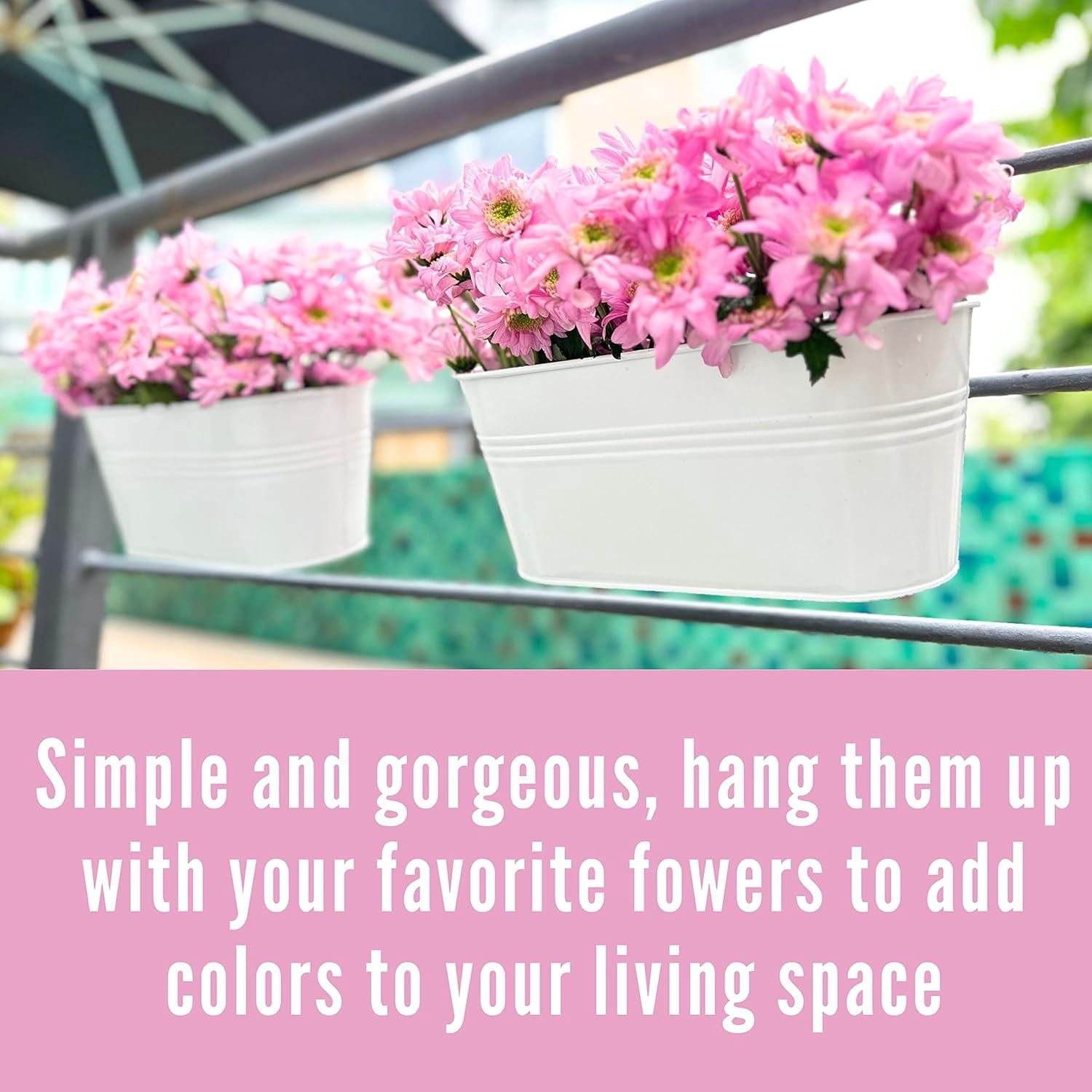LaLaGreen Rail Planter Outdoor Plants (11.8 Inch, 8 Pack) White Metal Iron Hanging Flower Pots Deck Railings Fence Buckets Modern Countryside Boho Style Wall Mount Window Box Holder Hooks Porch Decor