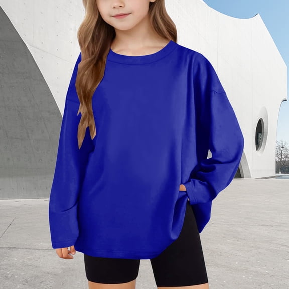 YTCAMLO Oversized Girls Long Sleeve Shirts Casual Fashion Loose Fit Tunic Tops Crewneck Layering Shirts Soft Comfy Basic Tees, Blue 8 Years