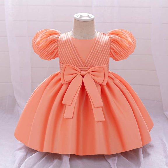 HAYIMI Child Elegant Satin Bow Dress For Baby Girls Christening Birthday Party O-Neck Gown Cute Special Occasion Back To School Swing Flowy Kids Sundress