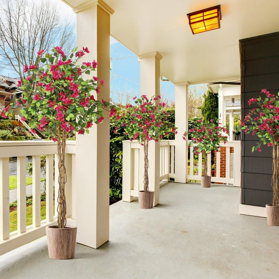 6FT Artificial Bougainvillea Tree, Tall Potted Fake Tree Indoor, Faux Tree with Wood Trunk and Pink Flowers for Outdoor