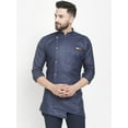 thumbnail image 1 of eloria Indian Traditional Men's Navy Blue Solid Thread Work Kurta, 1 of 7