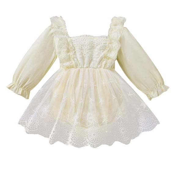 URMAGIC Baby Girls Square Neck Long Sleeve Romper with Tutu Lace Skirt Dress