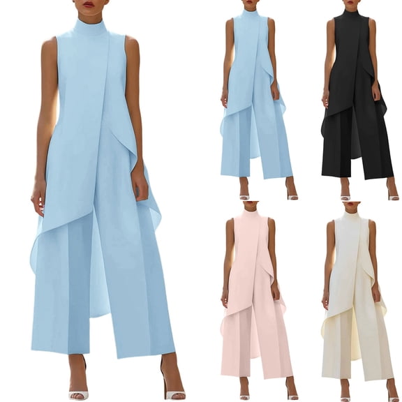 Sheghy Two Piece Sets for Women Cotton Women Turtleneck Sleeveless Layered Top & Wide Leg Long Pants 2 Piece Outfit
