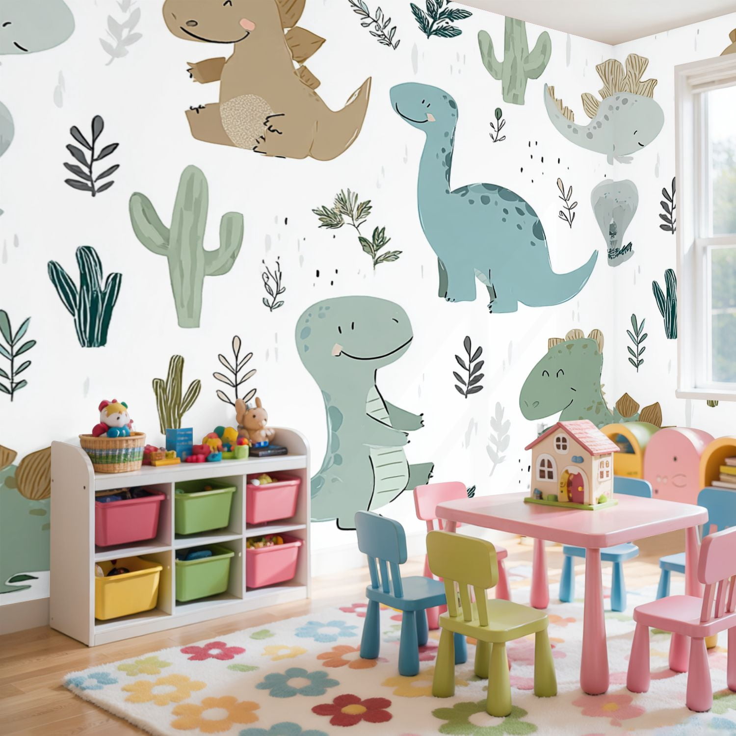 Wall Mural Peel and Stick Dinosaur baby boy seamless Sweet dino palm cactus Self-Adhesive Wallpaper Removable Wall Decal Wall Sticker Home Decor for Living Room Bedroom 69"x96"