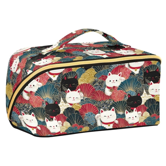 FORMRS Makeup Bag Travel Cosmetic Organizer for Women Fold Flat Zipper Pouch with Handle, Black Lucky Cat