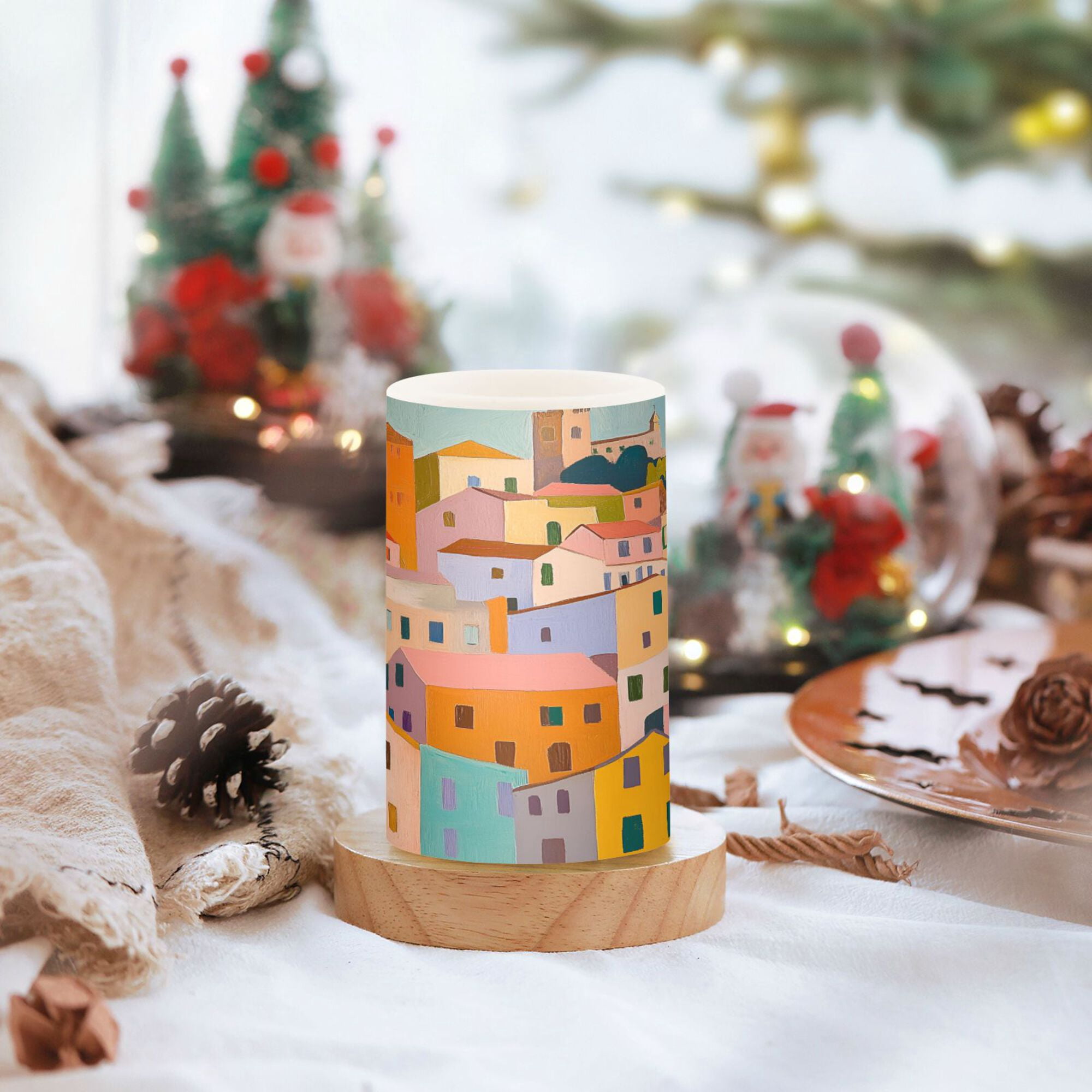 Yayeee Flameless Candles with Remote Flickering Battery Operated Multi Color Changing, Orange Cityscape Painting