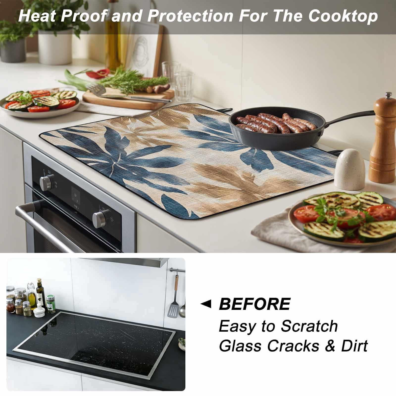 Navy Blue Brown Stove Top Cover for Electric Stove, Heat-proof & Non Slip Glass Top Stove Cover Protector, Tropical Botanical Palm Leaves Vintage Kitchen Flat Cooktop Rubber Mat 24x21 Inches