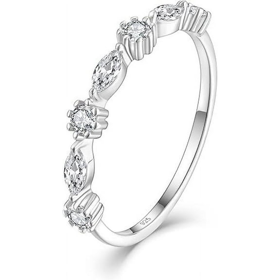 925 Sterling Silver Half Eternity CZ Rings, Round & Milgrain Cubic Zirconia Wedding Bands Thin Stackable Birthstone Bands Ring Jewelry Gift for Women Wife Girlfriend, Size 5-10