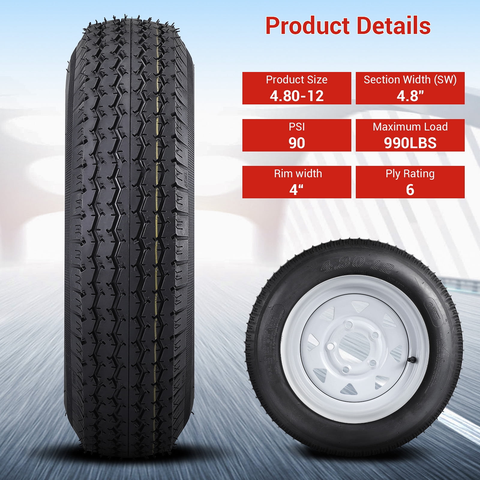COZONY 2 Pack Trailer Tire on Rims, 6PR，4.80-12，12" Rims 5 Lug White Spoke Wheel, Load Range C,Rubber