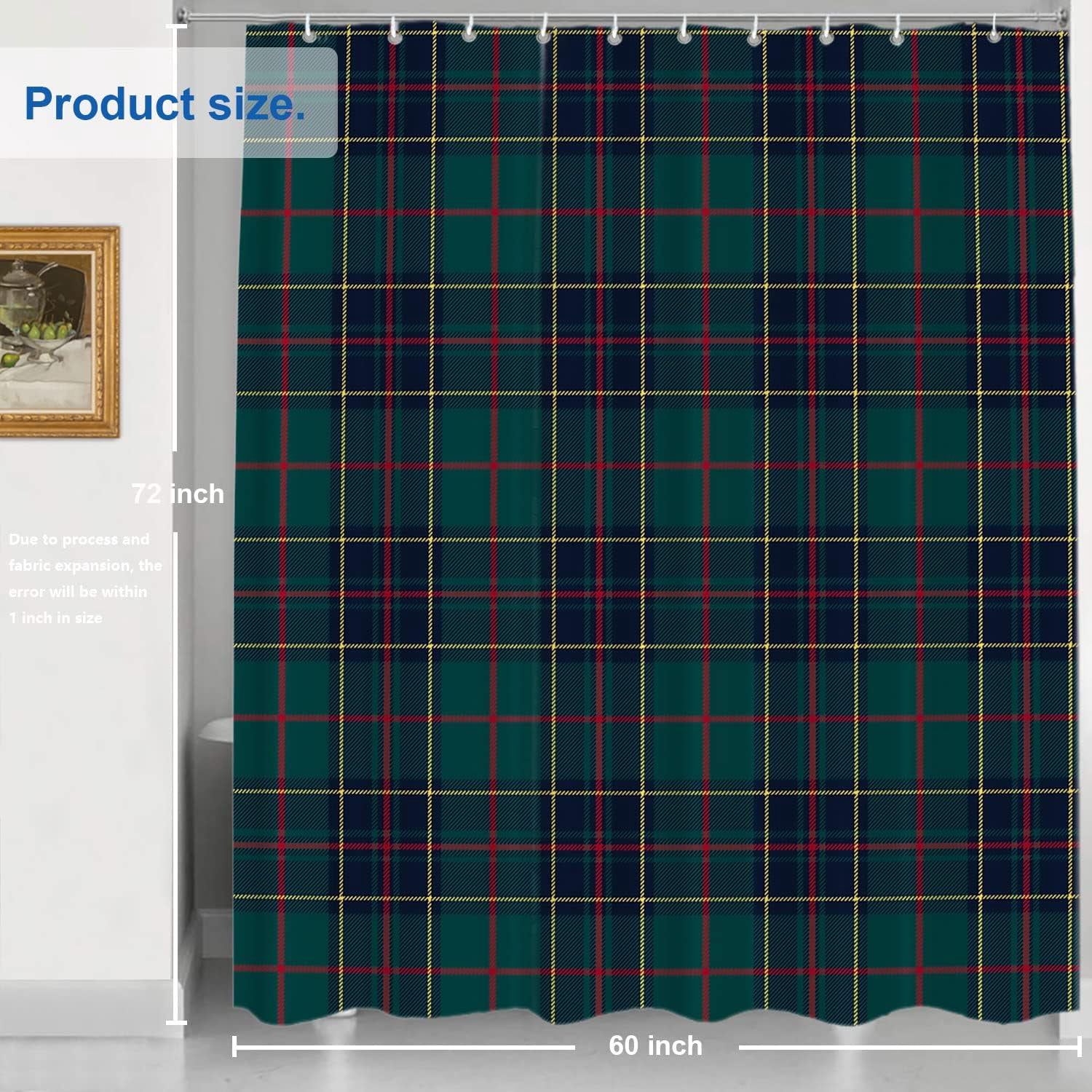 Tartan Plaid Decorative Shower Curtain, Green Scottish Fabric Kilt Twill Woven Bathroom Décor Polyester Fiber Waterproof with Plastic Hooks for Shower Stall Bathtubs 72"W x 72"L (Pack of 1)
